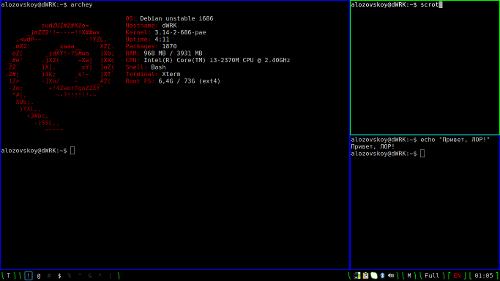 Скриншот: Qtile - тайлинговый wm на python