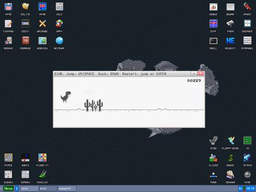 Скриншот: Динозавр от Гугла в KolibriOS переписан на Си